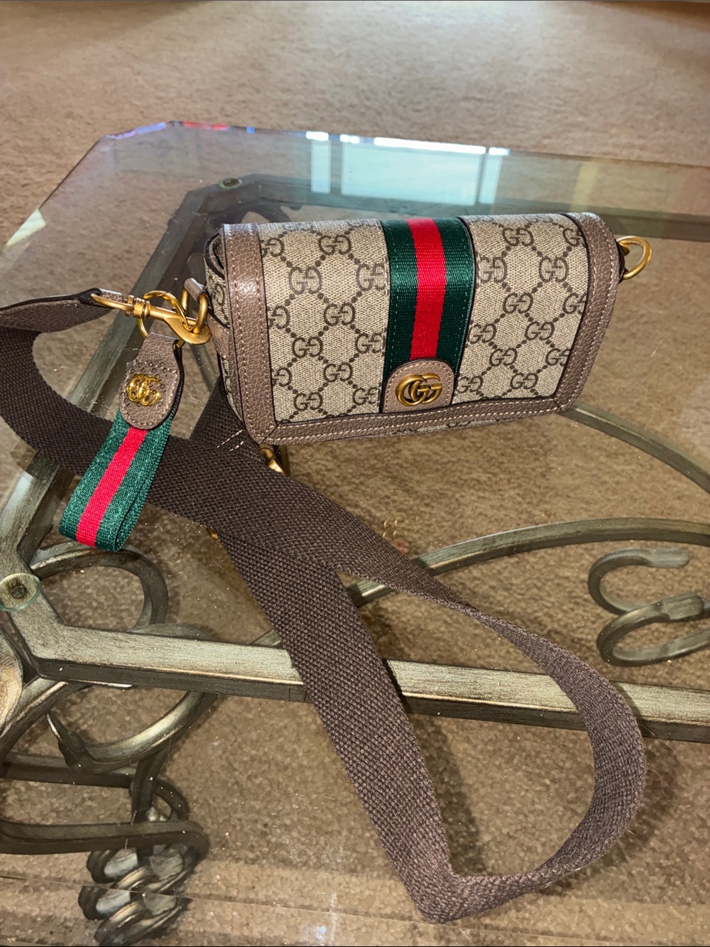 Gucci Beige GG Supreme Crossbody with Green-Red Web Stripe